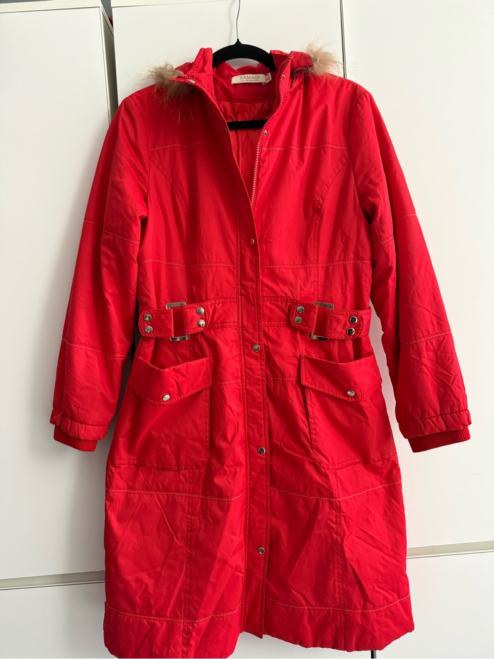 Source Unknown Red Long Hooded Trench Coat with Faux-Fur Trim